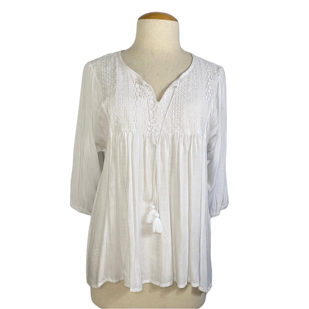 NWT Life Style 2X White Peasant Embellished Top Hippie Flowy Coastal Chic BoHo
